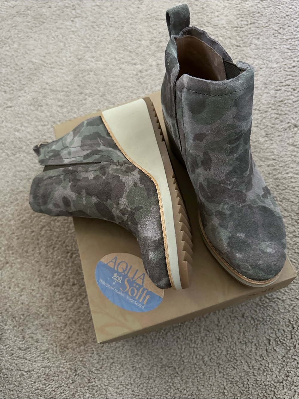 Sofft Emeree Waterprood Olive Camo Suede Wedge Booties